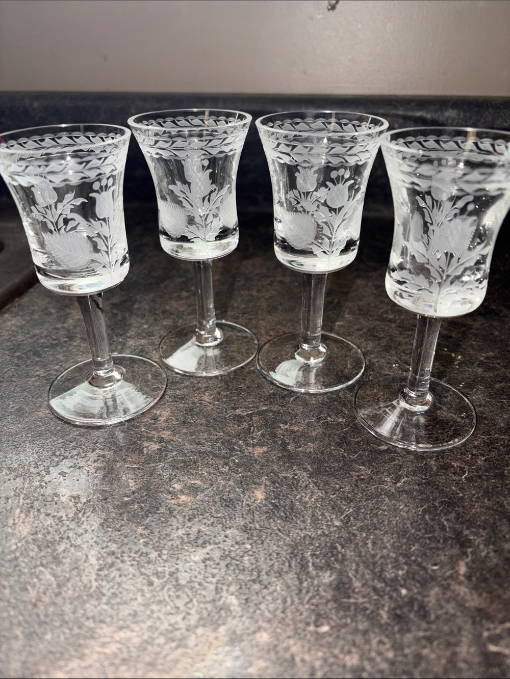 Etched Crystal Cordial Glasses - Clear Floral Design (Set of 4)